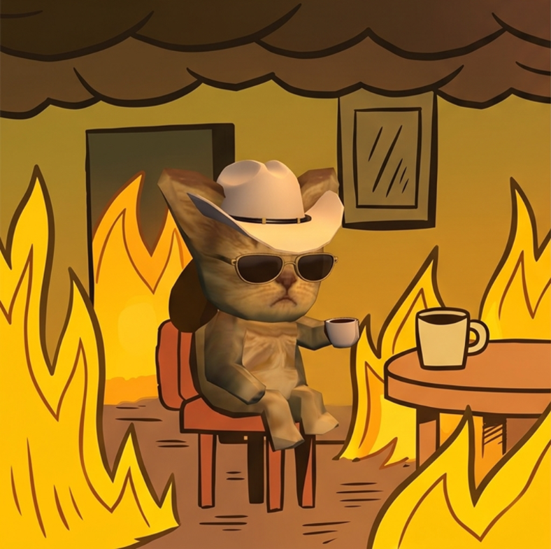 Catboy drinking coffee in a burning room